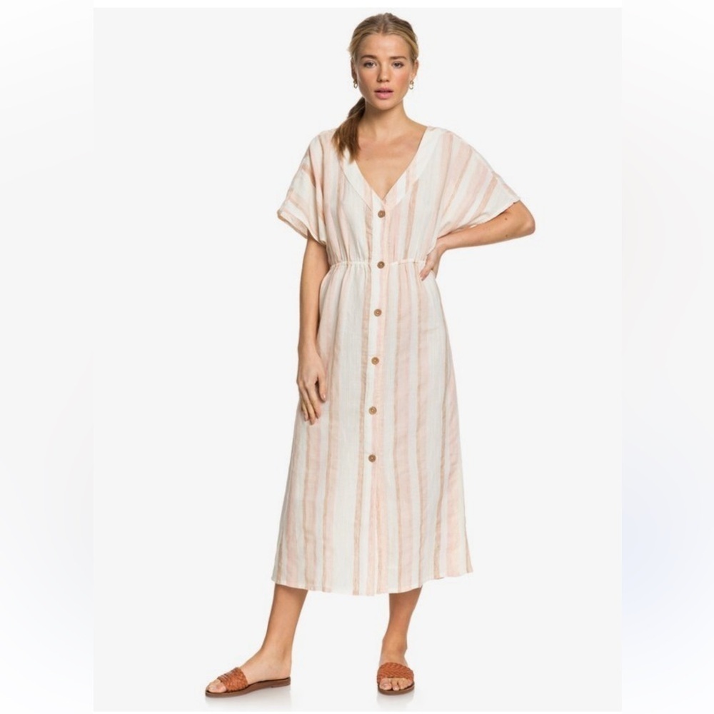 Roxy Joyful Noise Stripe Cotton Shirt Dress Coastal Beachy Casual Size Small View 2